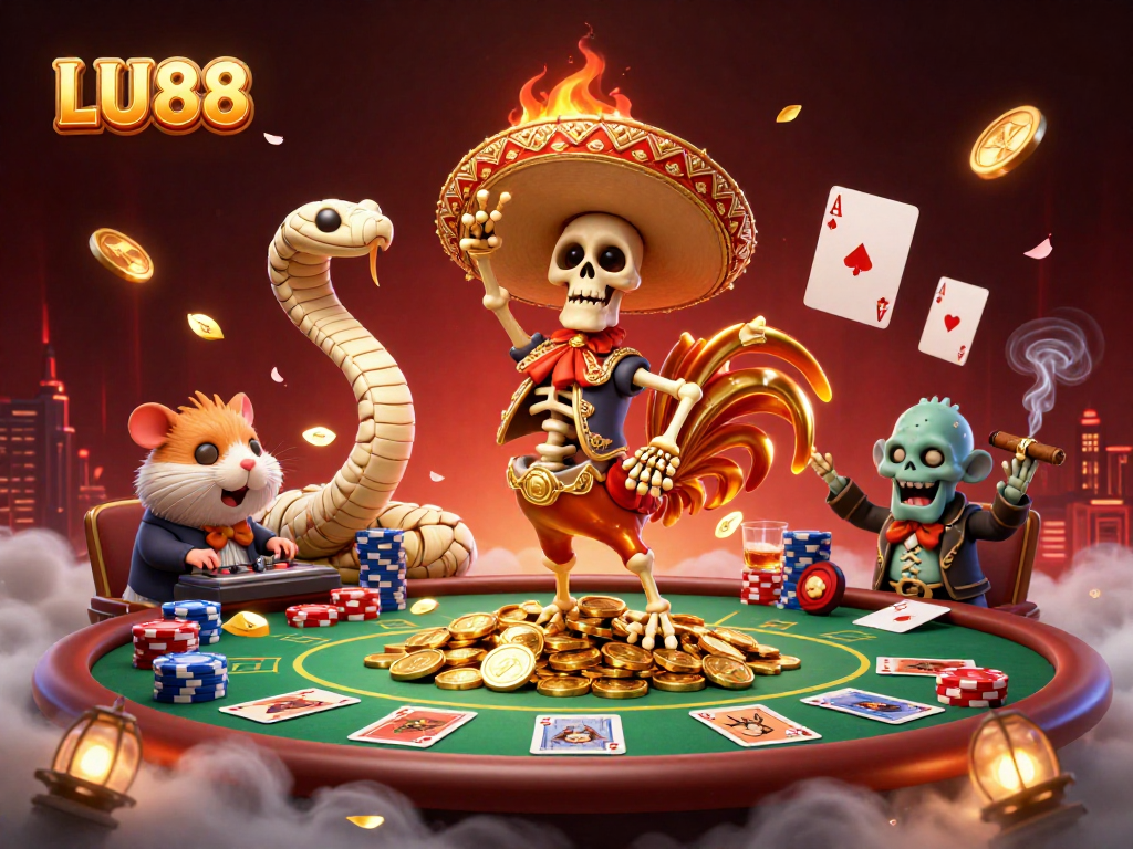 LU88 brings a vibrant casino scene to life featuring lively characters winning at poker with colorful chips and golden coins.