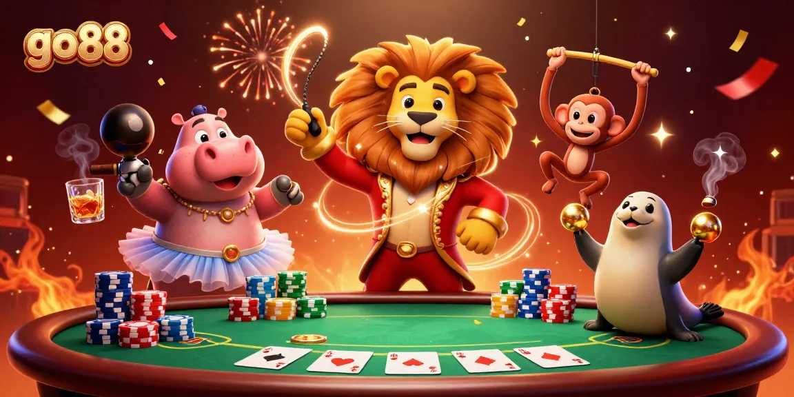 Experience thrilling action at go 88 with a vibrant circus-themed casino illustration.