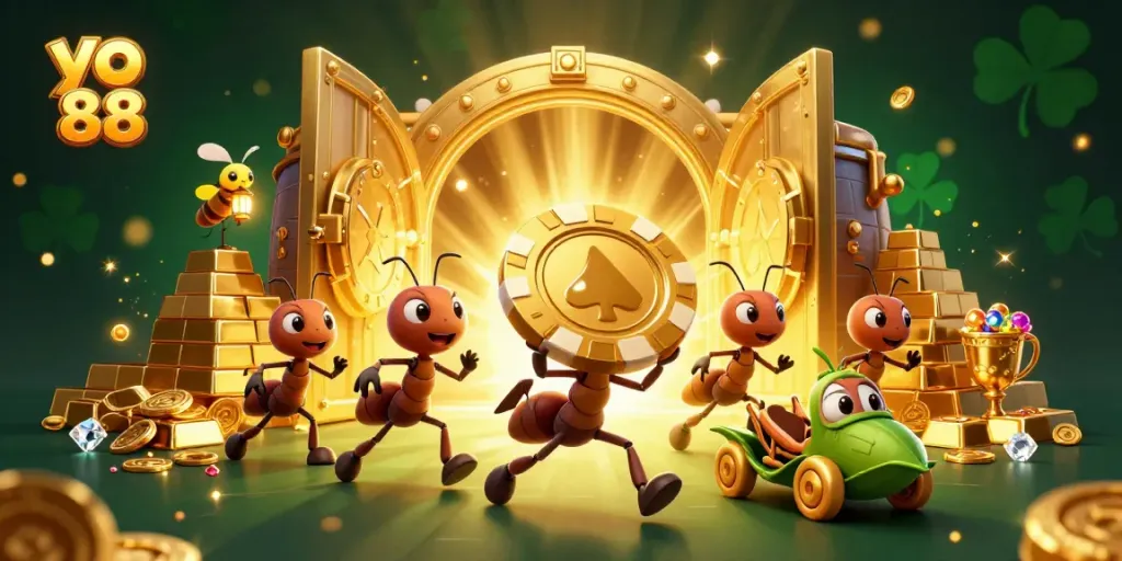 Join the thrilling adventure of yo 88 as ants steal a giant golden poker chip, surrounded by casino riches.
