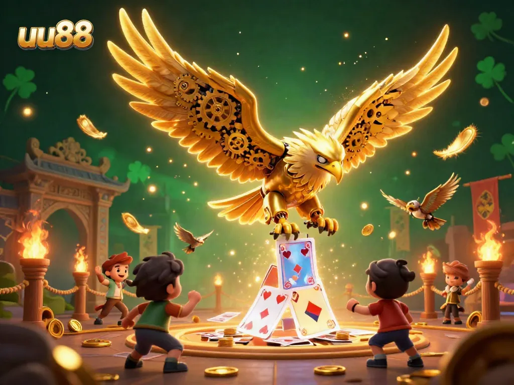 Experience thrilling gameplay at uu88 with a dynamic scene of a golden eagle and holographic cards.