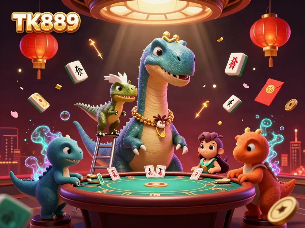 Experience thrilling gaming with TK889's vibrant casino cartoon scene filled with iconic elements.