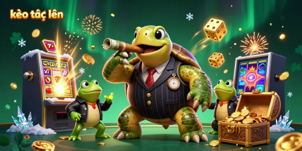 Experience kèo trực tuyến excitement with a 3D turtle mobster and bullfrog enforcers amidst dazzling casino elements.