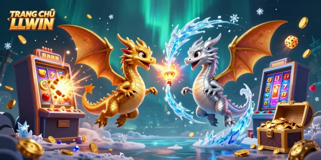 Play and win at TRANG CHỦ LLWIN with a vibrant illustration featuring dragons and jackpot adventures.
