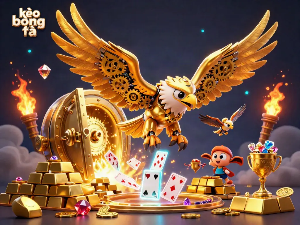 Experience kèo bóng đá action through a cybernetic golden eagle diving amidst vibrant holographic cards and treasure, symbolizing wealth.