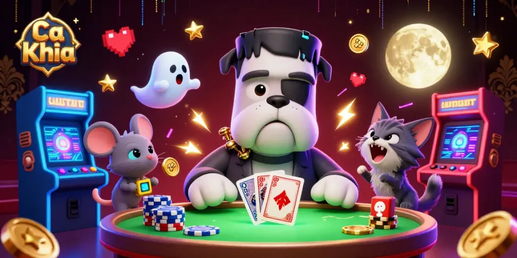 Ca Khia themed 3D casino scene featuring a Frankenstein bulldog dealer in a vibrant card game.