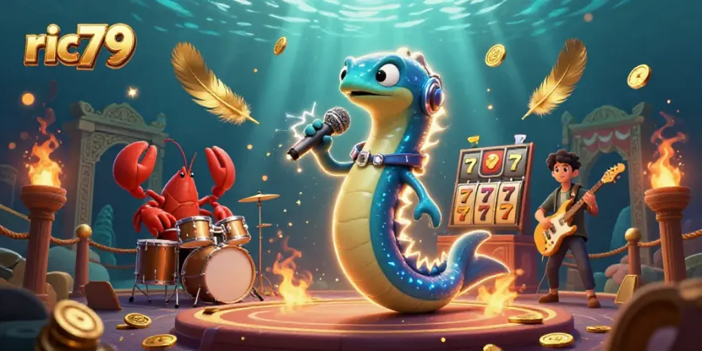 Experience the vibrant underwater casino stage with the electric eel DJ, ric79 gambling elements, and lively performers.