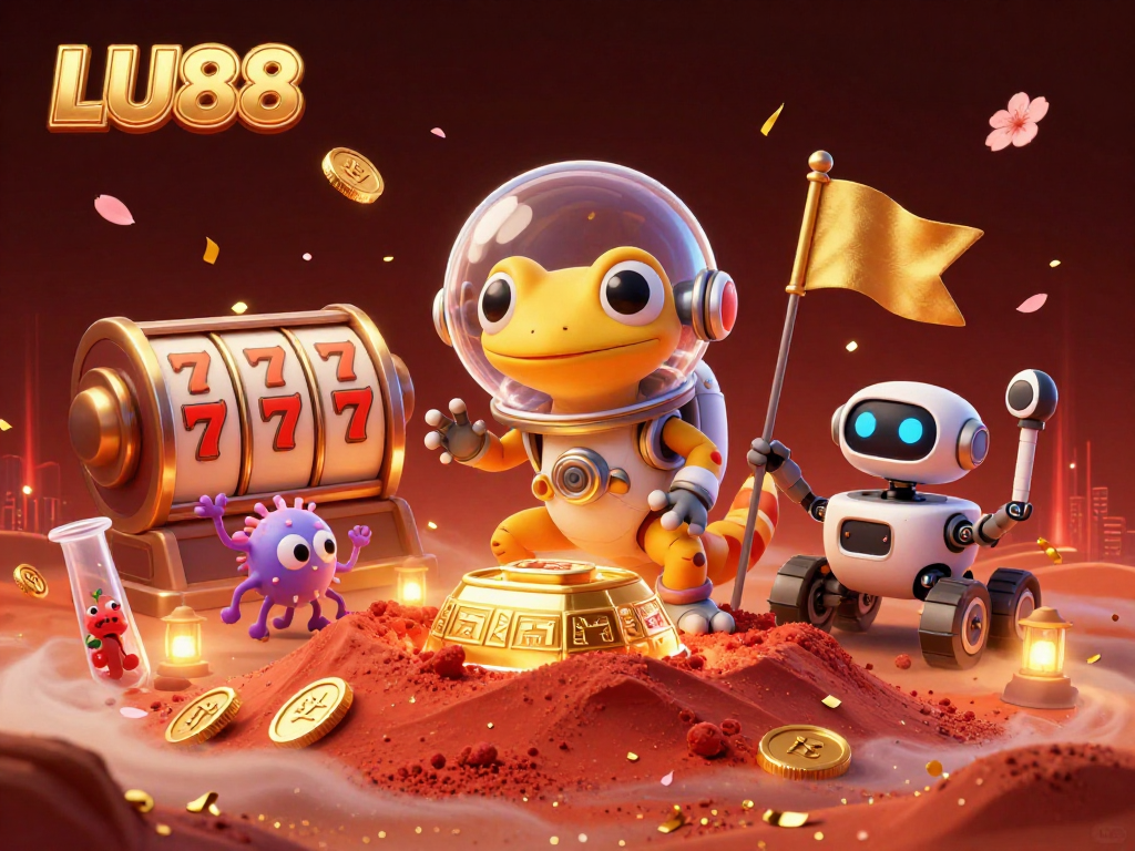 LU88 casino scene with a Martian gecko and vibrant gaming elements celebrating big wins.