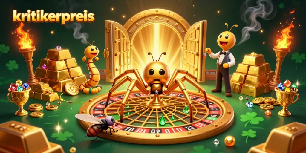 Engaging scene of a golden spider and centipede croupier interacting with a web roulette wheel, showcasing the kritikerpreis.