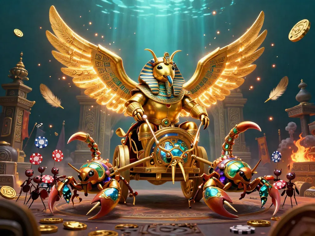 Experience m88 link with vibrant casino chaos featuring a golden scarab, scorpions, and poker chips.