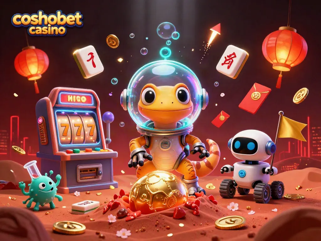 Experience thrilling games at cosmobet casino with our vibrant Martian gecko exploring treasures.