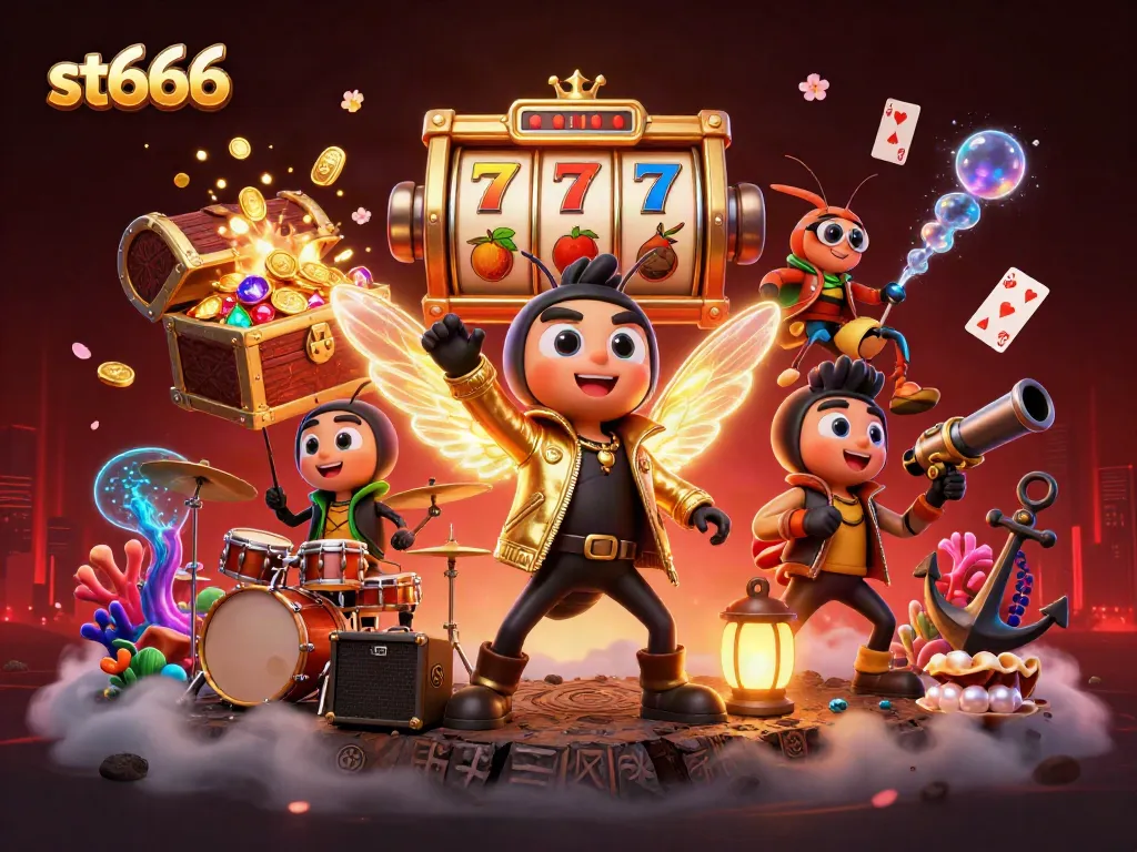 Engage with st666's thrill as a 3D cicada rock star shines amid dazzling slot elements and treasures.