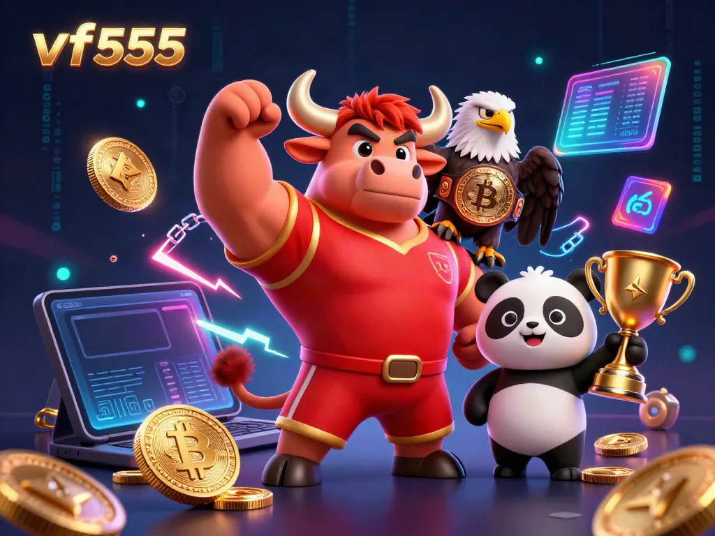 Win big with vf555 casino, featuring champions in a vibrant gaming world with crypto elements.