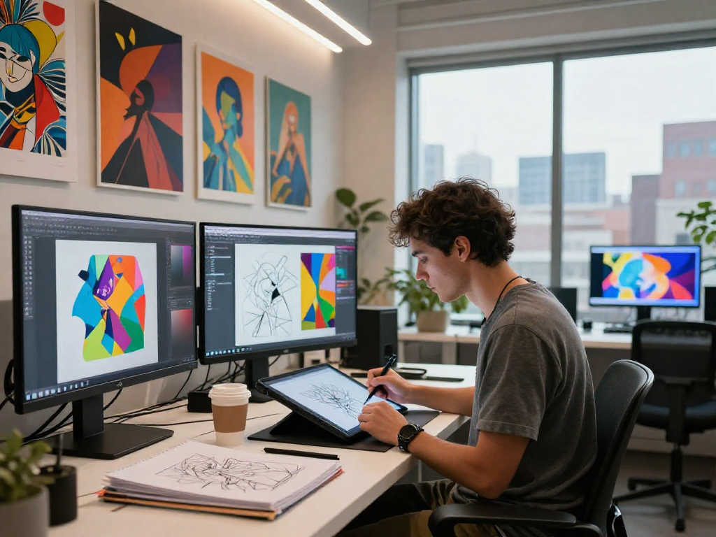 Artist creating digital nsfw ai art in a modern studio filled with vibrant artworks.