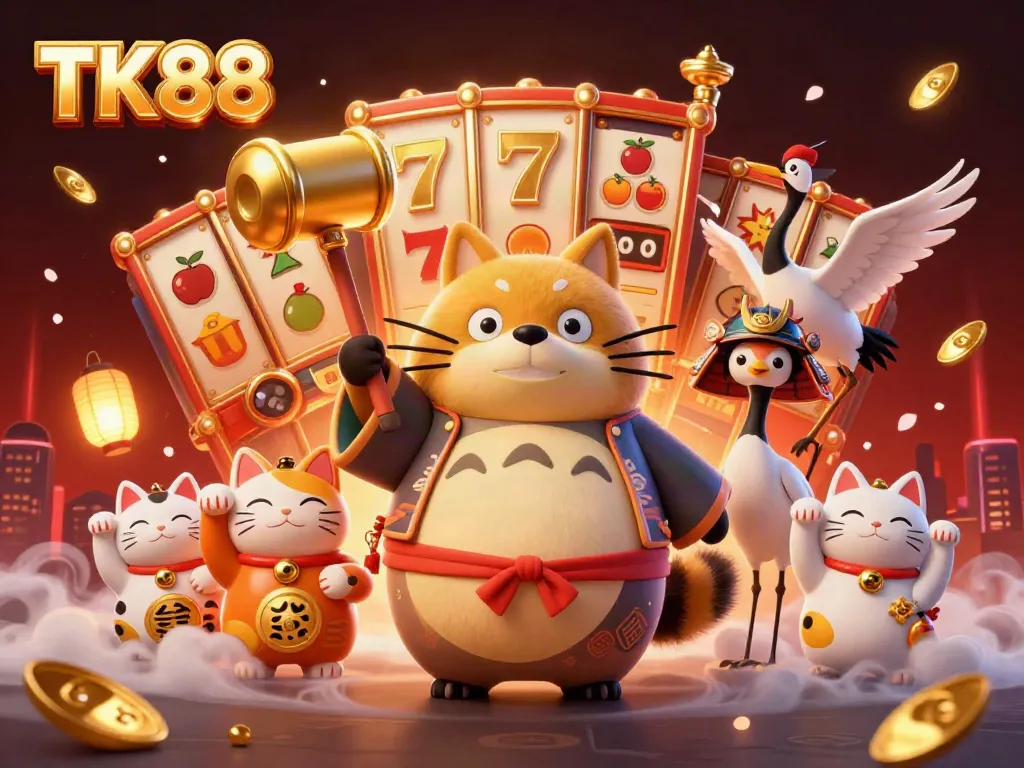 Experience excitement with TK88 as a cheerful tanuki and samurai crane join casino fun in this vibrant scene.