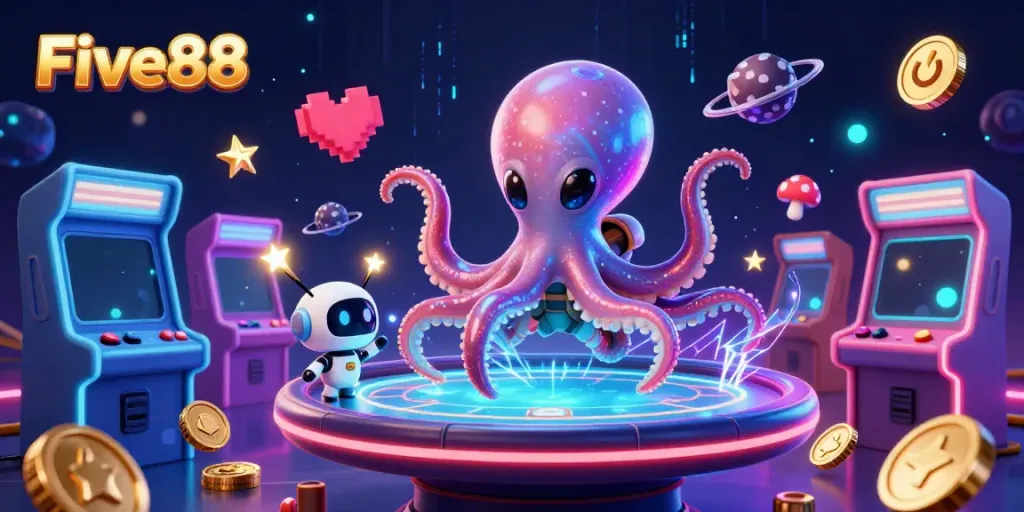 Engage in exciting gameplay with the alien octopus at Five88's holographic poker table.