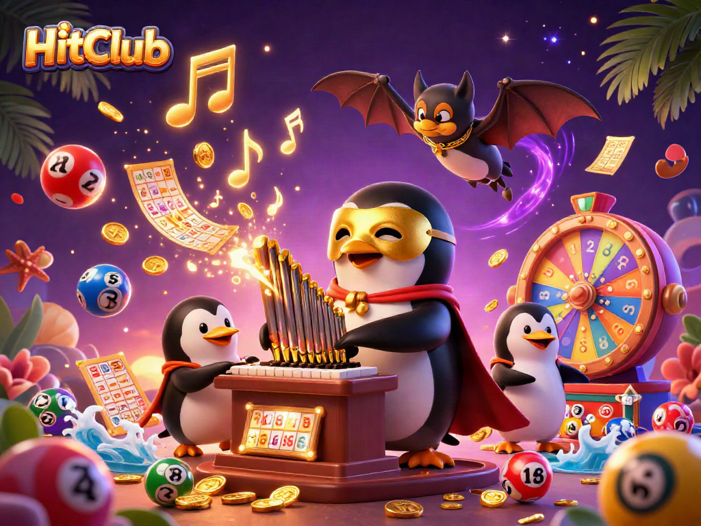 HitClub reveals a vibrant casino scene with golden prizes and a fun 3D penguin playing music.