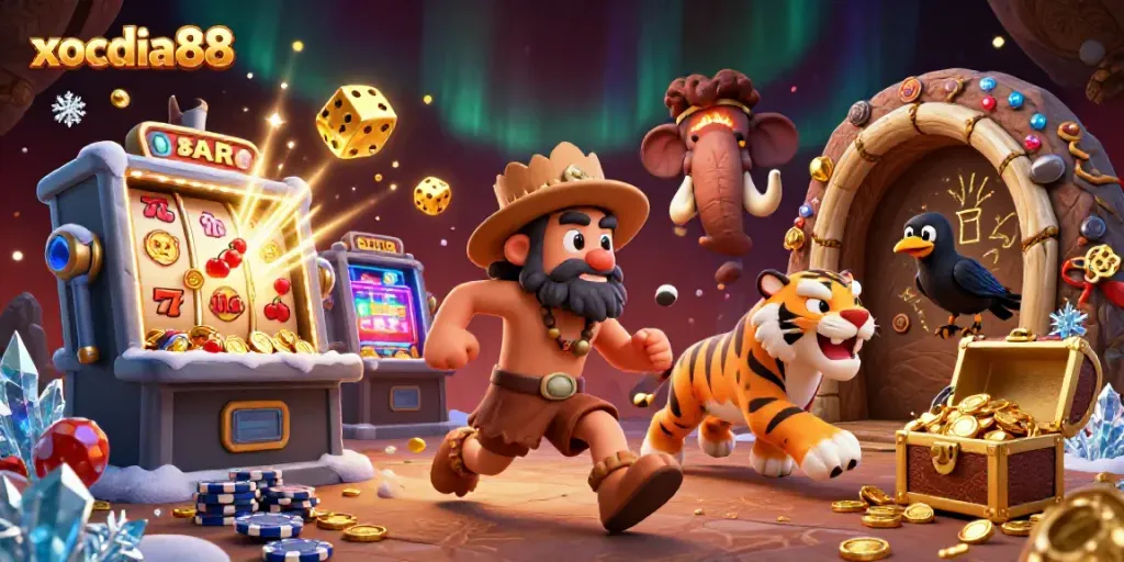 Xocdia88 features a vibrant illustration of a caveman and saber-tooth tiger duo at a prehistoric casino with exciting game elements.