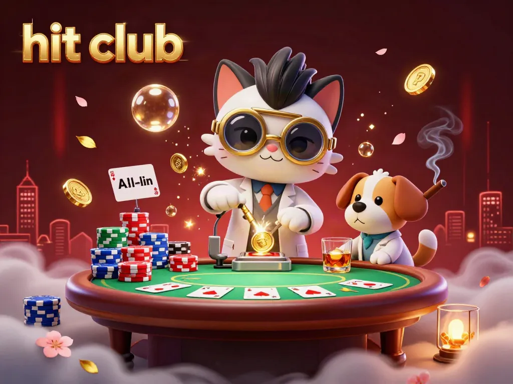 Engage with exciting poker action at hit club, featuring vibrant scenes of animated casino characters and elements.
