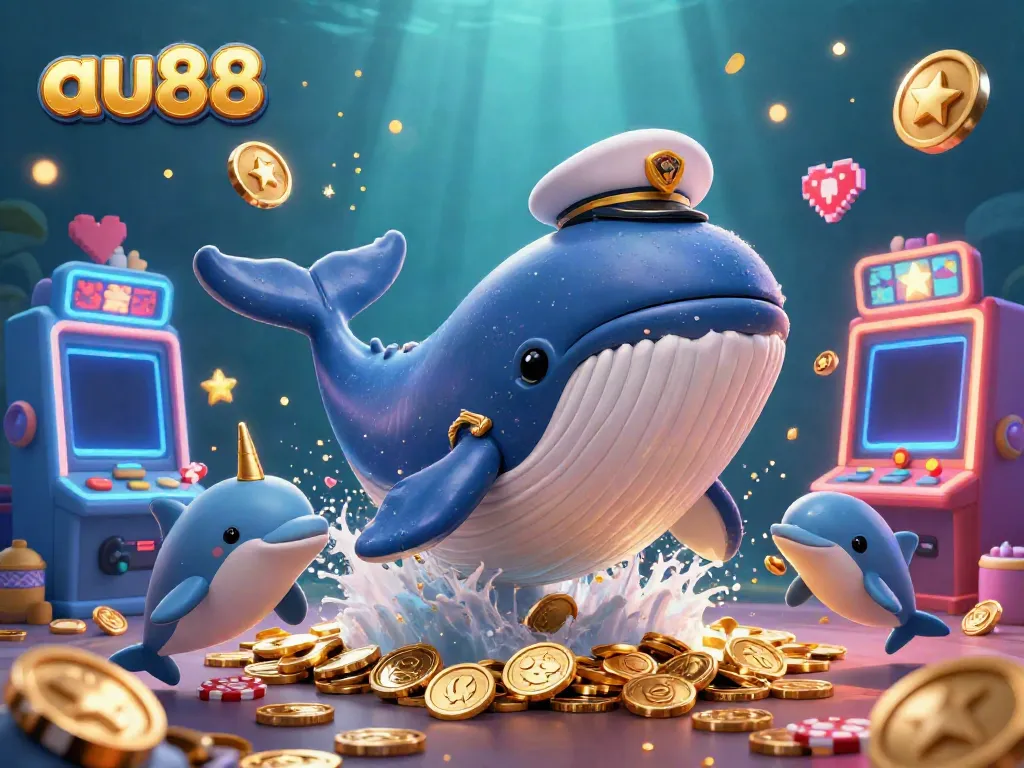 Join the fun at au88 with a dynamic illustration of casino adventures featuring a cartoon whale and playful dolphins!