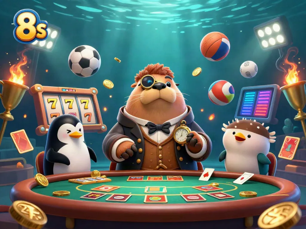 Experience thrilling moments in 8s casino with jolly walrus, penguin dealer, and pufferfish playing cards.