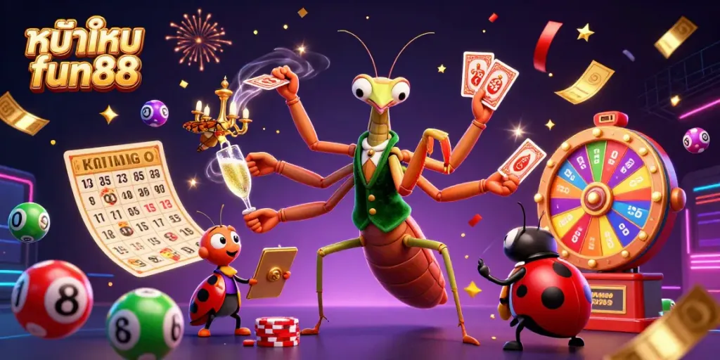 Experience excitement at หน้าแรก fun88 with a vibrant 3D scene filled with colorful lottery elements and engaging characters.