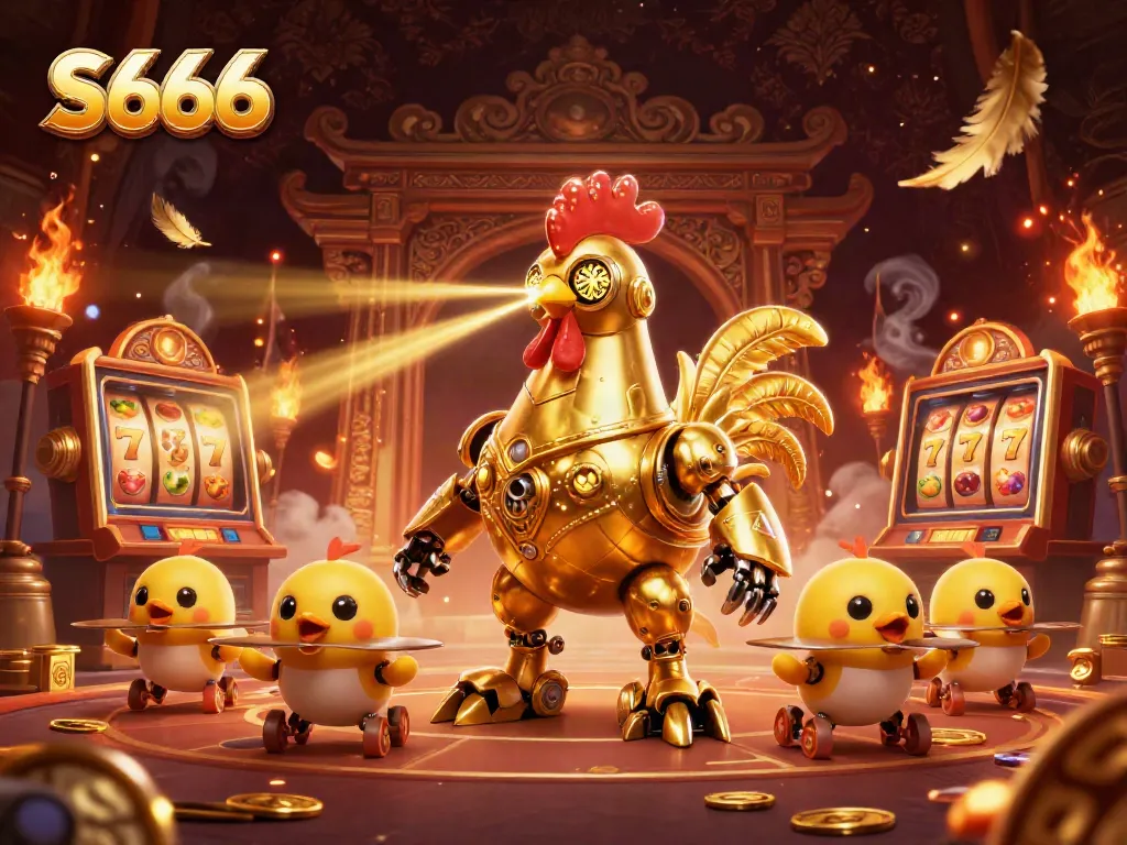 S666 captivates players with vibrant 3D casino action, featuring a golden rooster robot and baby chick drones.