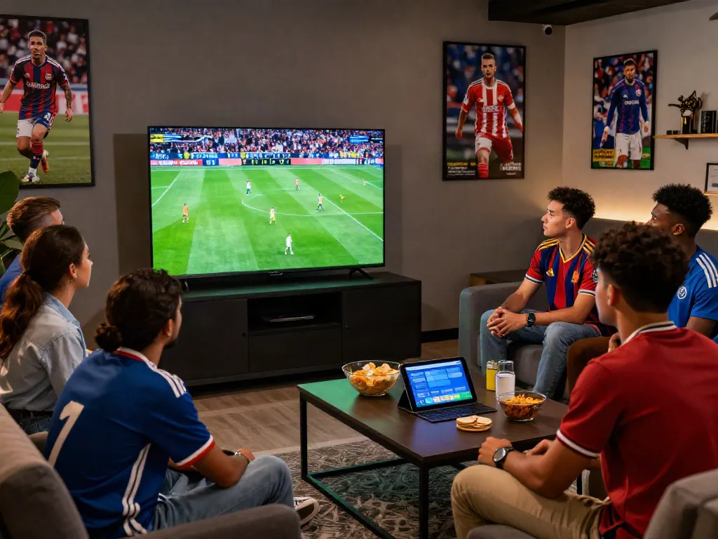 Fanatic soccer fans enjoying the live match on Socolive with excitement.