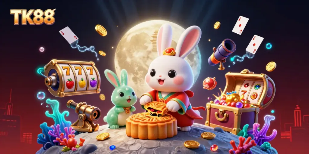 Experience the thrill of TK88 with a vibrant 3D casino scene filled with moon rabbits and slot game elements.