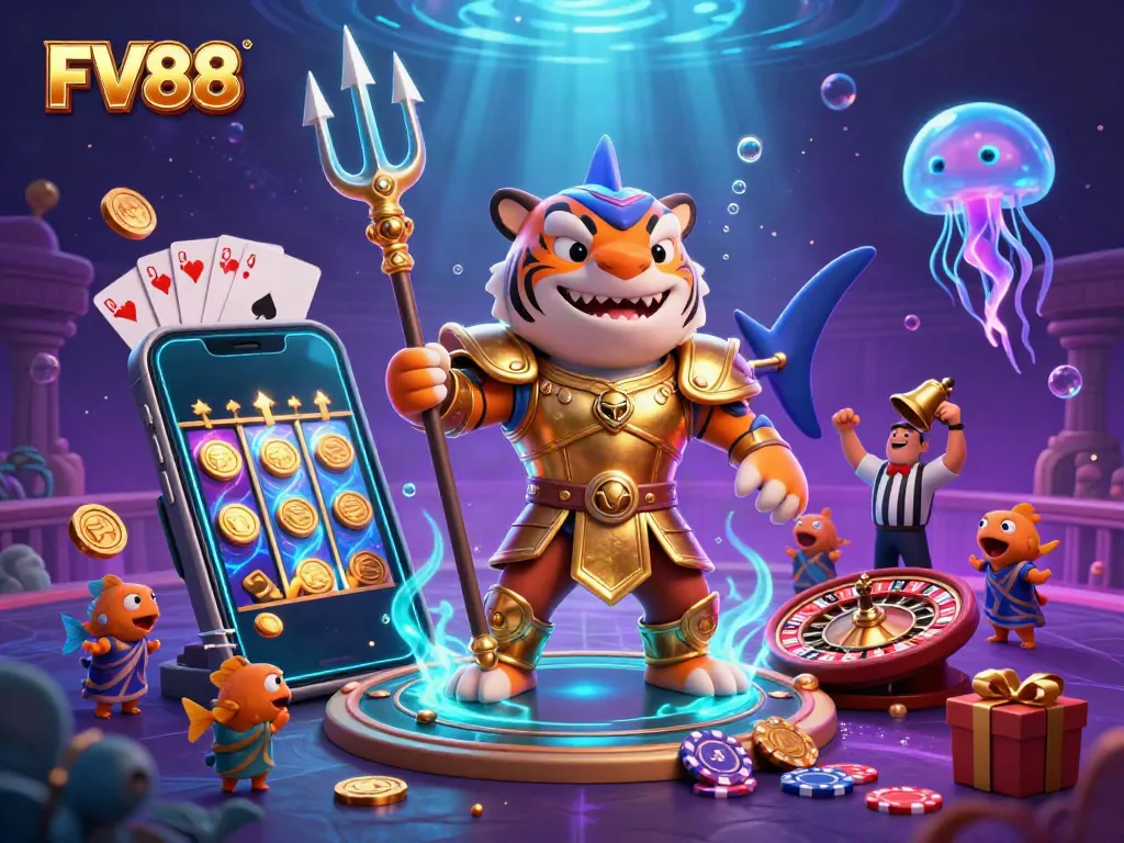 Engage in vibrant FV88 casino action with a 3D shark champion in an underwater colosseum.