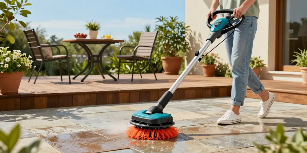Makita patio cleaner in action, cleaning stone tiles on a sunny patio with vibrant greenery.