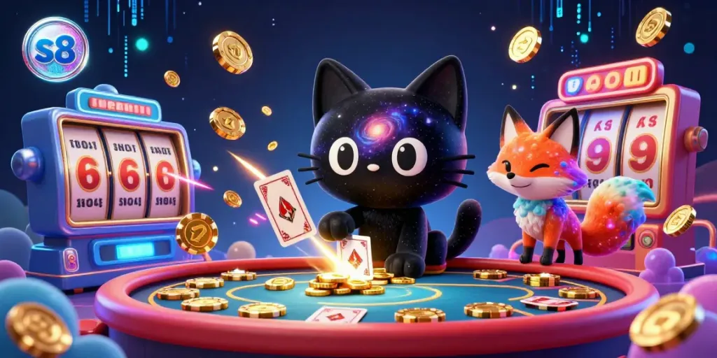 Experience thrilling gameplay with the S8 cosmic casino scene, showcasing vibrant slot reels and captivating characters.