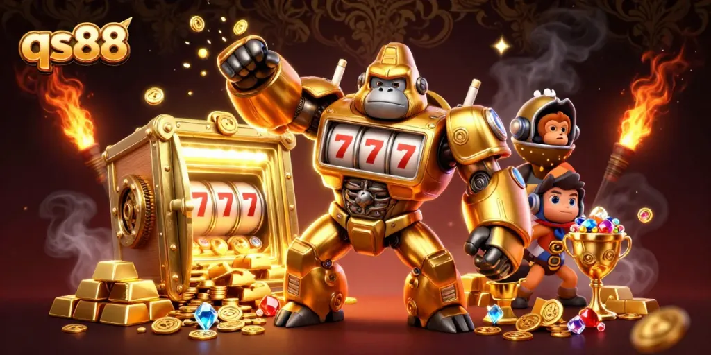 Experience the excitement of qs88 with a dynamic golden gorilla mech, treasure, and casino elements.