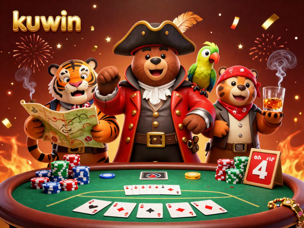 Kuwin demonstrates a vibrant online casino vibe with a 3D cartoon bear pirate and friends at a lively poker table.