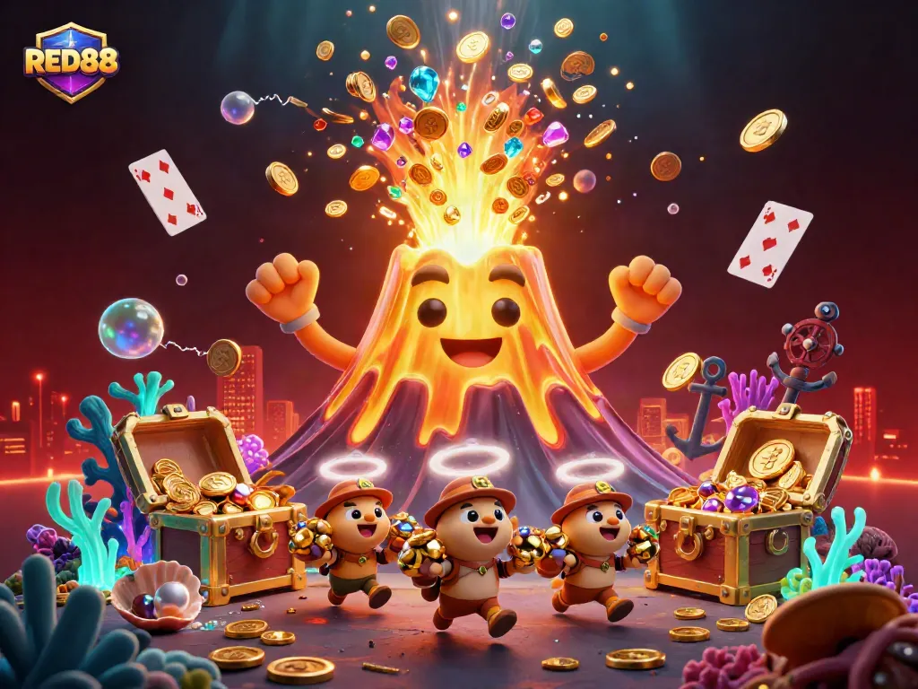 Experience the thrill of winning at RED88 with a dynamic illustration of a golden volcano erupting treasures.