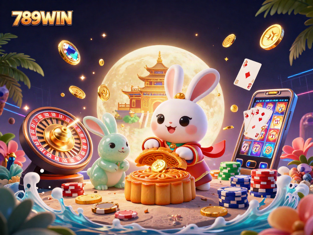 Engage with 789WIN in a vibrant 3D scene of a moon rabbit showcasing casino excitement.