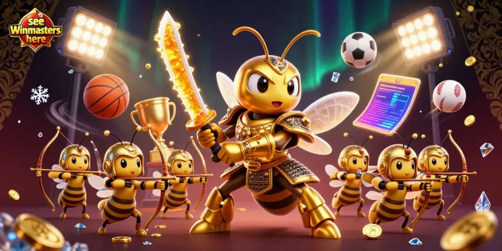 Engage with the thrilling concept of "see Winmasters here" featuring an epic 3D cartoon hornet in samurai armor alongside bee archers.