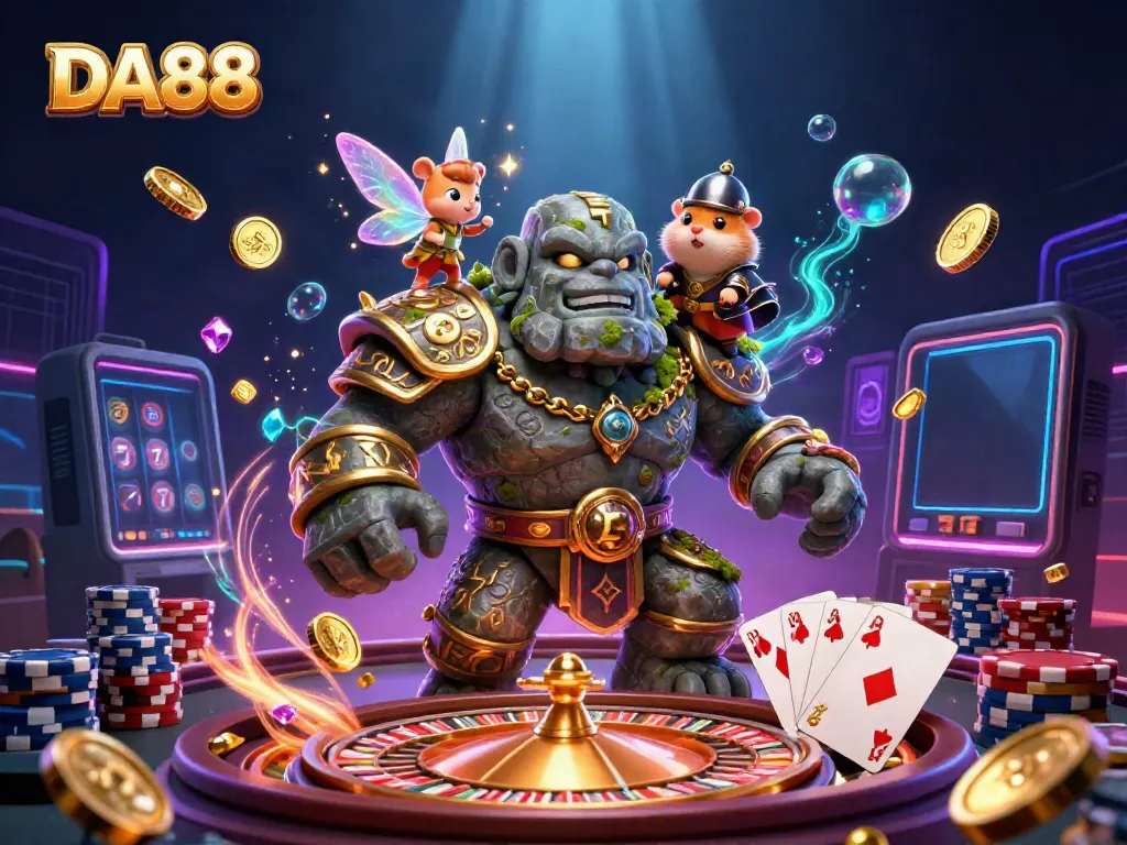 DA88 explodes with vibrant casino energy as characters unveil golden coins and magical gems.