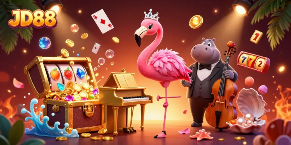 Enjoy thrilling casino gaming at JD88 with a colorful scene of excitement and vibrant characters.
