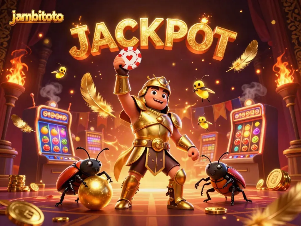 Experience the excitement of jambitoto with a vibrant casino scene featuring a victorious beetle in gladiator armor.