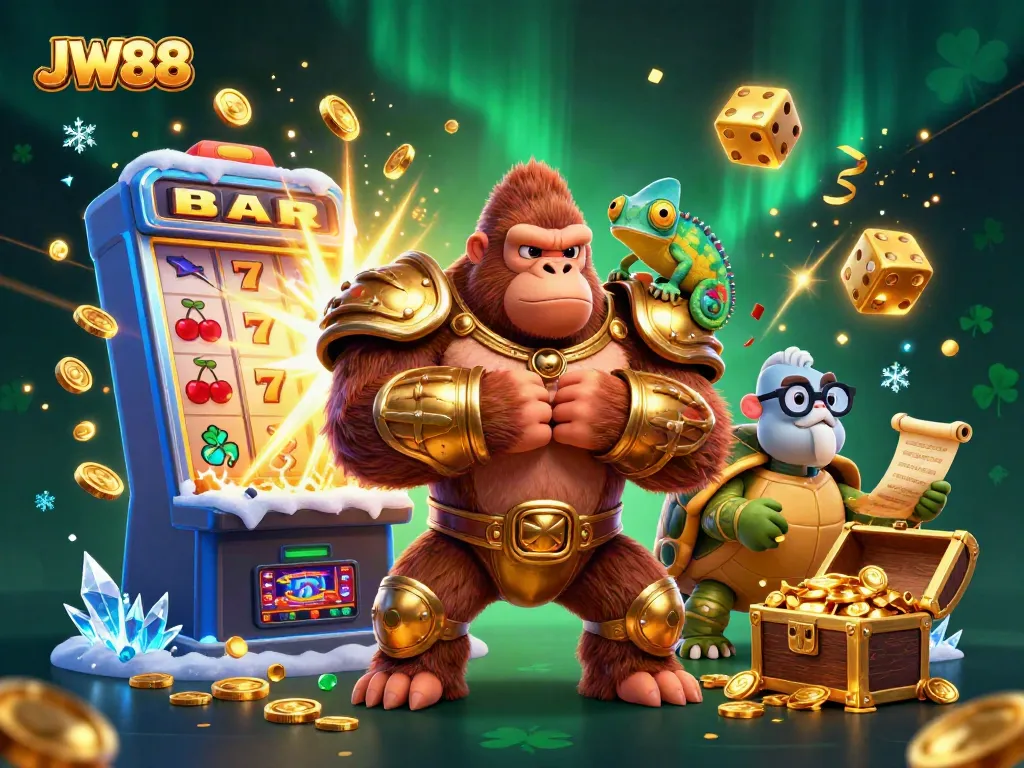 Experience luxury gaming with JW88, featuring vibrant elements like a jackpot slot machine and dynamic characters.