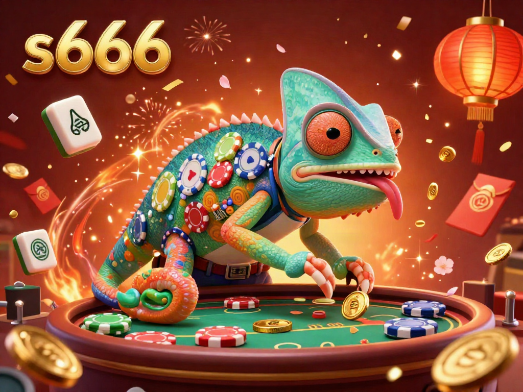s666 showcases a vibrant chameleon casino owner in a 3D scene filled with colorful casino elements and celebration effects.