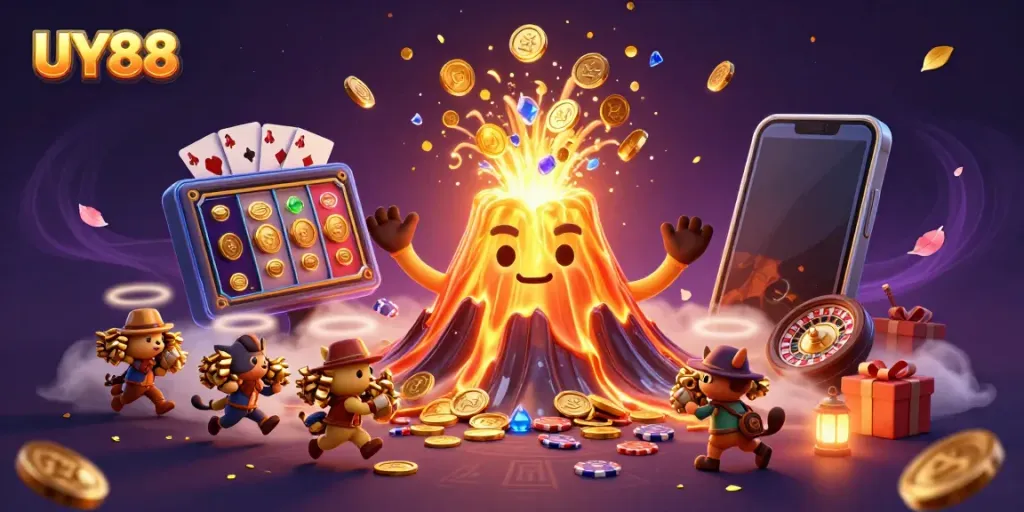 Experience the thrill of UY88 with vibrant casino games and treasures erupting in a dynamic scene.