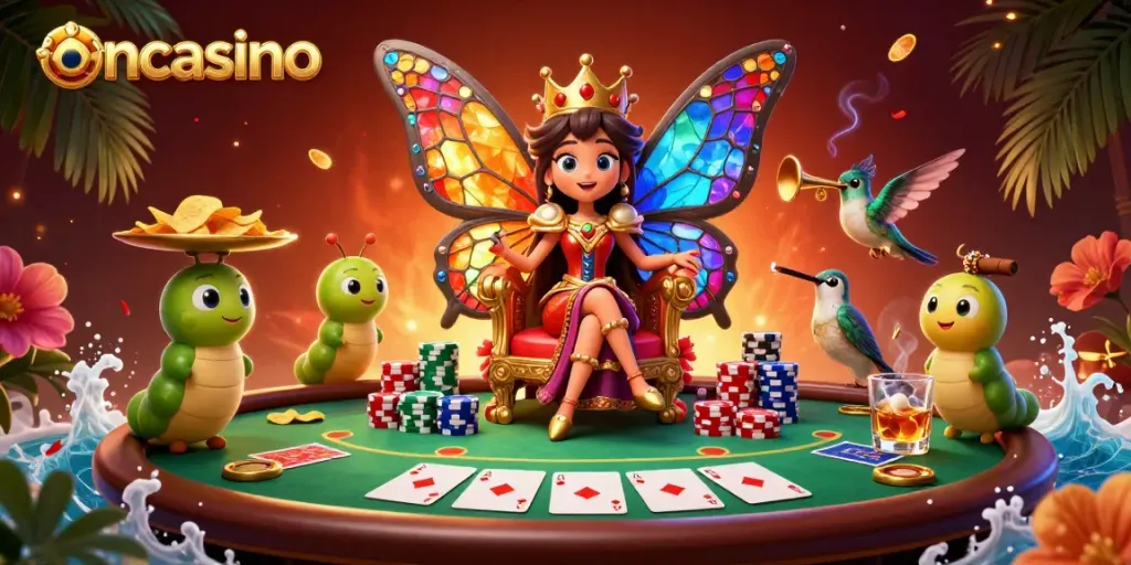 Win at ioncasino with vibrant 3D illustration depicting a butterfly queen, poker elements, and stacks of chips.