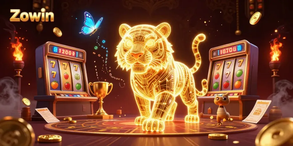 Zowin brings the thrill of the casino with a dynamic 3D scene featuring a golden tiger, slot reels, and rich golden elements.