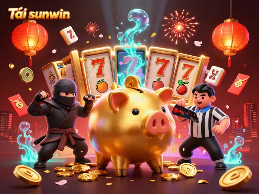 Experience exciting gameplay with Tải sunwin featuring a golden piggy bank sumo wrestler and colorful casino elements.