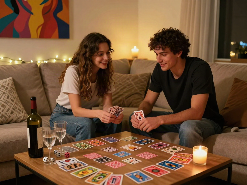 Couple enjoying a sex game in a cozy living room setting with wine and candles.