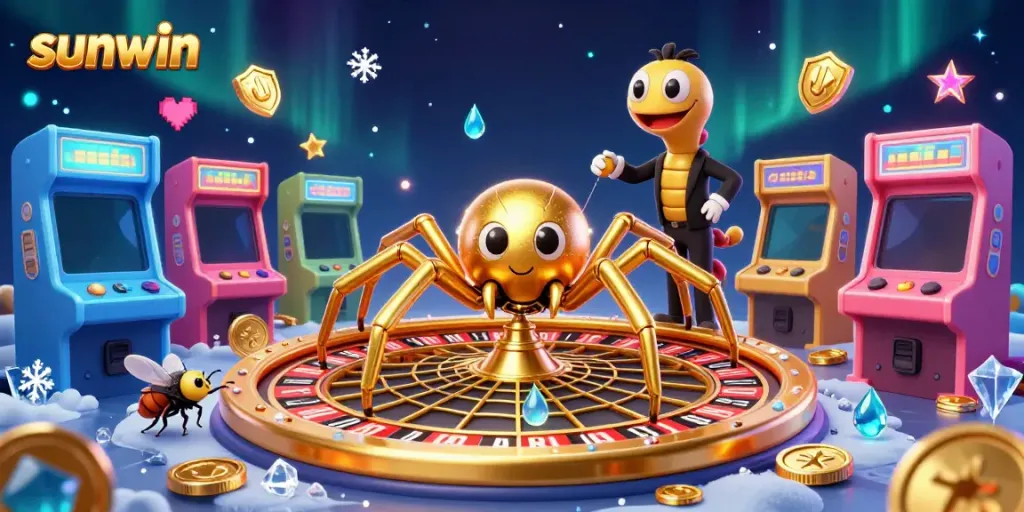 Engage in thrilling roulette action with sunwin's vibrant casino illustration featuring a golden spider and a betting fly.
