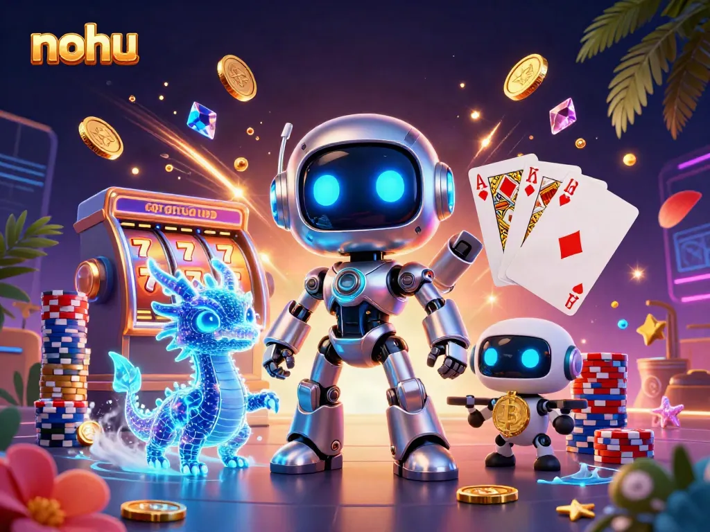Experience nohu's thrilling slots with a cyberpunk mascot amidst cascading coins and jackpots.