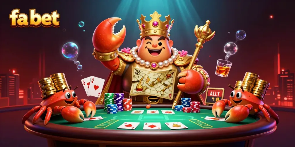 Engage in thrilling action with fa bet's massive golden crab emperor in a vibrant casino setting.