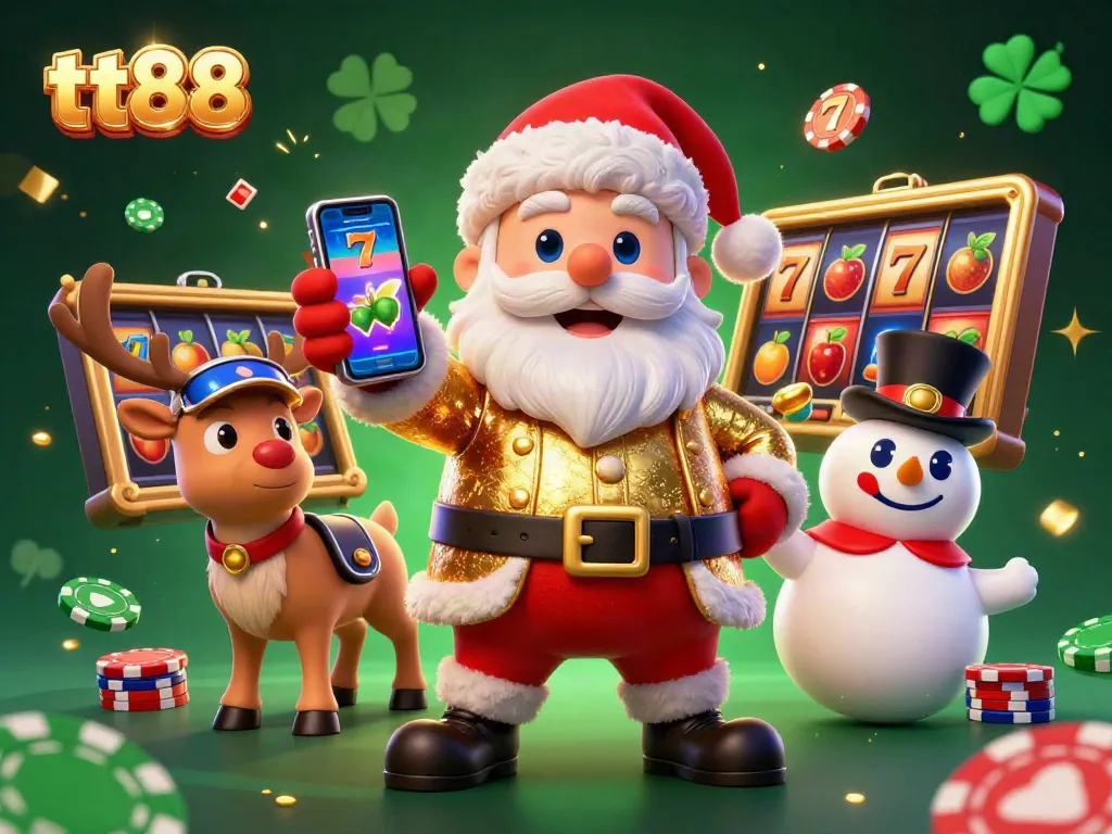Spin and win with tt88's festive casino illustration featuring Santa, reindeer, and a snowman!